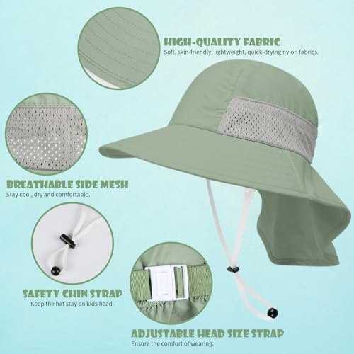 Toddler Baby Sun Hat Kids Summer Beach Essentials Adjustable Beach Hats with Bucket Wide Brim for Boys Girls Age 0-14 Years - color: 2 Pack - Army Green+beige, size: 0-6 Months
