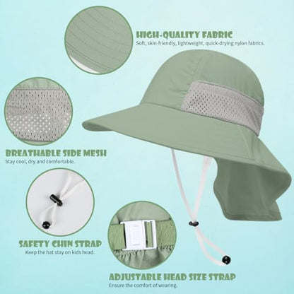 Toddler Baby Sun Hat Kids Summer Beach Essentials Adjustable Beach Hats with Bucket Wide Brim for Boys Girls Age 0-14 Years - color: 2 Pack - Army Green+beige, size: 6-24 Months