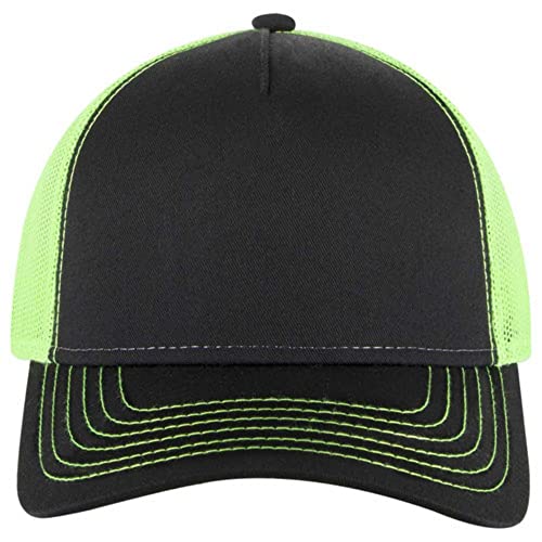 The Vintage Year Plain Cotton Structured Mesh Adjustable Trucker Sports Baseball Cap - color: Black/Black/Neon Green