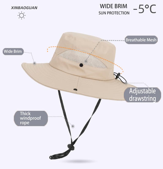 Kids Wide Brim UV Sun Hat 7-14Y Chin Strap, Rear Drawstring for Girls Boys - color: Beige