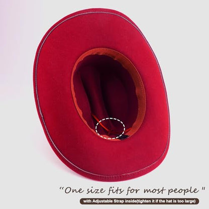 AQOKKA Western Cowboy Hats for Women Classic Felt Wide Brim Fedora Hat with Belt Buckle Retro Panama Hat Unisex Rolled up Cap - color: 1 Pc Fedora Hat : Red