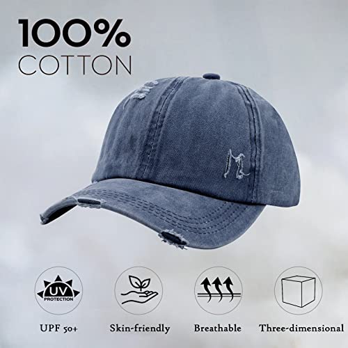 Criss Cross Ponytail Hat Women Washed Distressed Baseball Caps Adjustable High Messy Bun Ponycap - color: B - Denim Navy Blue