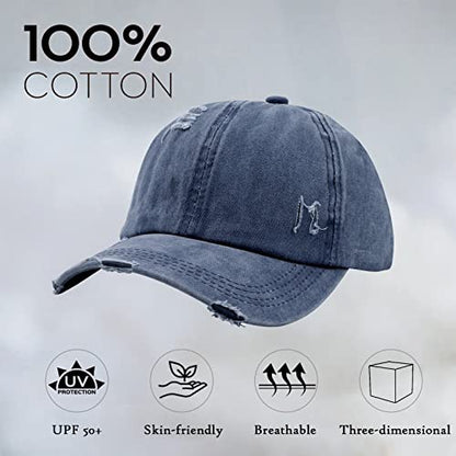 Criss Cross Ponytail Hat Women Washed Distressed Baseball Caps Adjustable High Messy Bun Ponycap - color: B - Denim Navy Blue