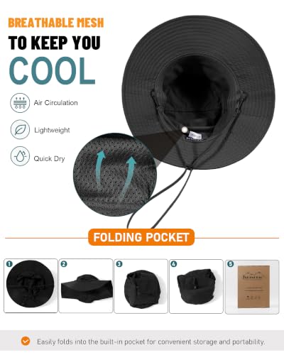 Womens Ponytail Sun Hat UPF50+ Waterproof Bucket Hat Packable Beach Hat - color: Black