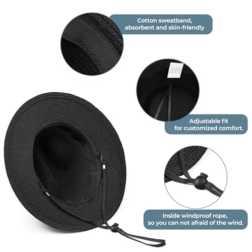 Sun Hat Straw Fedora Hats for Men Women Beach Hat Panama Hat Men Wide Brim Summer Hats UPF80+ - color: Black, size: Medium