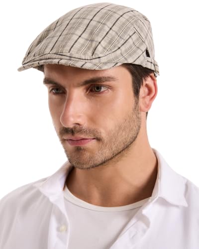 ZLYC Men Summer Flat Cap Scally Ivy Gatsby Newsboy Beret Driver Hat - color: Tartan White