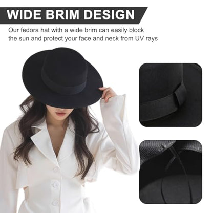 Fashion Black Wool Blend Flat Brim Elegant Fedora Hat Panama Style Bowler Cap Jazz Hat with Belt for Winer Autumn