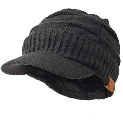 Ruphedy Mens Beanie with Brim Winter Hat Knitted Thick Fleece Visor Beanie - color: B322-grey