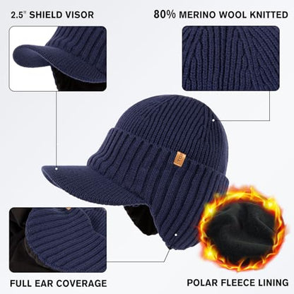 TOP-EX DryKnit™ 80% Merino Wool Waterproof Warm Brim Beanie with Ear Flaps - color: Navy, size: Medium-Large