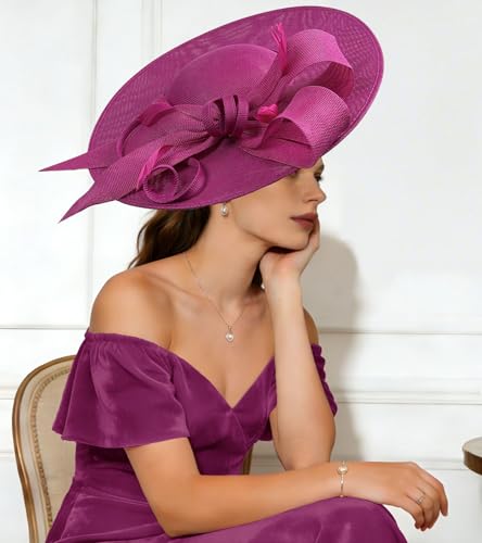 Kgromfy Fascinator Hat Women Wide Brim Tea Party Headband Elegant Church Hat Large Lady Headwear for Derby Wedding Cocktail - color: Rose Red