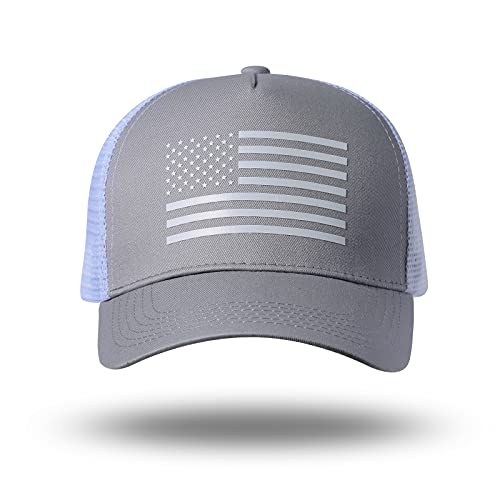 American Flag Trucker Hat - Snapback Hat, Baseball Cap for Men Women - Breathable Mesh Side, Adjustable Fit - for Casual Wear - color: Gray/White