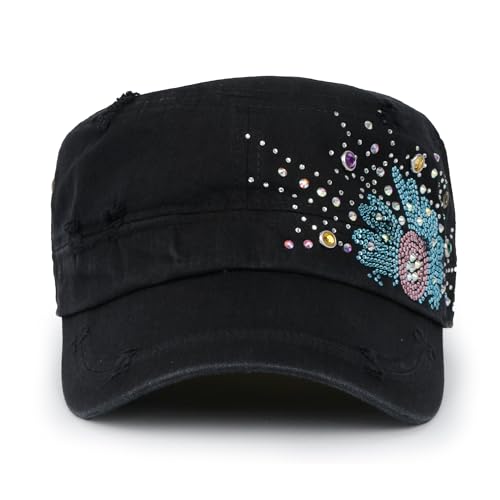 ililily Rhinestone Cotton Cadet Cap Vintage Distressed Cotton Military Army Hat - color: Black-sunflower