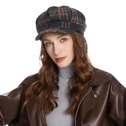 ZLYC Women Classic Newsboy Cap Visor 8 Panel Gatsby Cabbie Paperboy Hat - color: Tartan Plaid Dark Gray