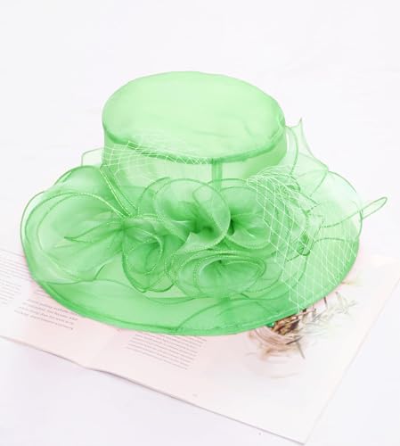 Women Derby Fascinator Hat Organza Church Wedding Hats Wide Brim Cocktail Tea Party Hat - color: 12 Mint Green