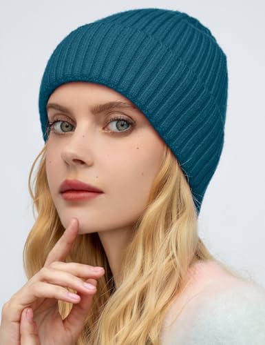 Satin Lined Wool Acrylic Blend Beanie Hat Women Men, Winter Knit Cap - color: Denim Blue