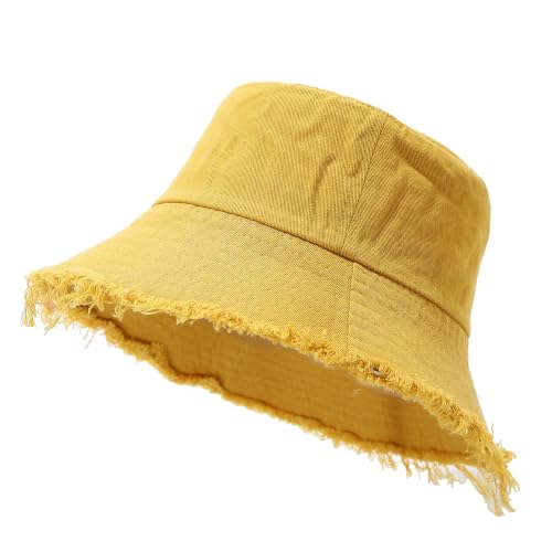 Quanhaigou Frayed Unisex Sun Hats, Fashion Beach Bucket Hat for Men Women,Summer Outdoor Boy's Girls Boonie Cap - color: Vintage Yellow
