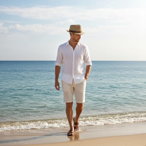 Straw Fedora Hat for Men Panama Hat Short Brim Summer Sun Hat - color: A-khaki