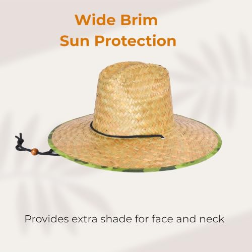 6 Pack Straw Hats – Bulk Wide Brim Lifeguard Sun Hats for Men & Women with Adjustable Chin Strap - color: Natural Straw With Camo Lining