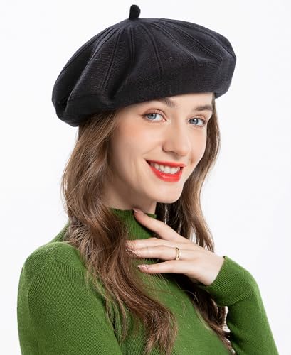 ZLYC Women French Beret Hat Reversible Solid Color Knit Warm Artist Cap - color: Black