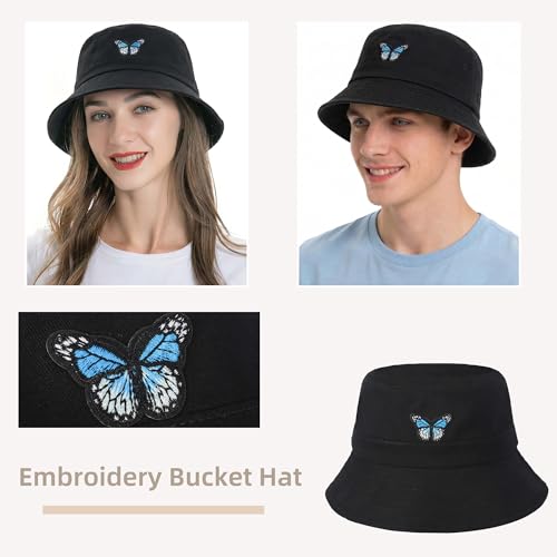 ZLYC Cotton Bucket Hat for Women Men Embroidered Packable Summer Sun Cap - color: Butterfly Black