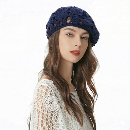 ZLYC Women Cotton Slouchy Crochet Beret Handmade Cutout Floral Beanie Hat - color: Floral Blue