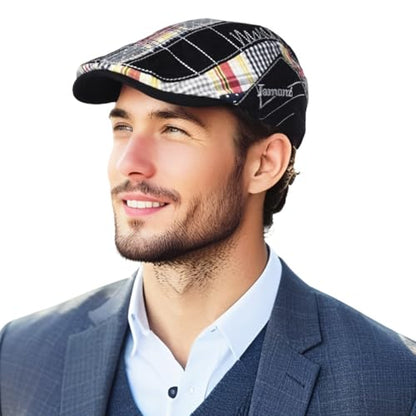Cabbie Hats for Men Summer,Cotton Beret Newsboy Hat Ivy Gatsby Adjustable Flat Cap Beret for Driving - color: Cotton -Black C