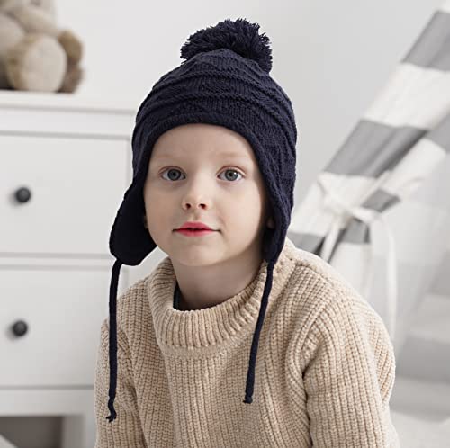 Connectyle Toddler Boys Girls Beanie Hat Fleece Lined Knit Kids Hat with Ear Flaps Warm Winter Hat Acrylic Watch Hat - color: Navy, size: 6-12 Months