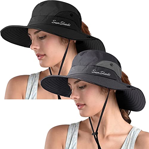 ZOORON Women's Ponytail Safari Sun Hat,Wide Brim UV Protection Bucket Hat - color: 2-black+grey