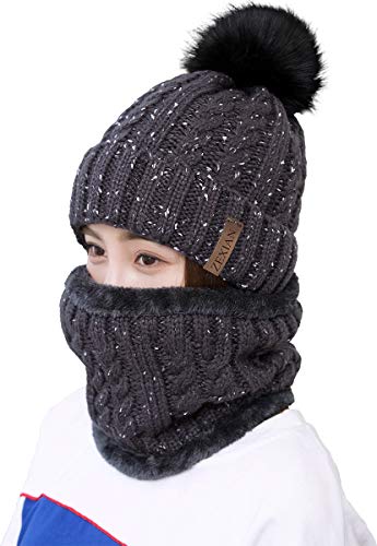 Womens Girls Winter Warm Pom Knit Ski Beanie Hat and Scarf Set - color: Grey