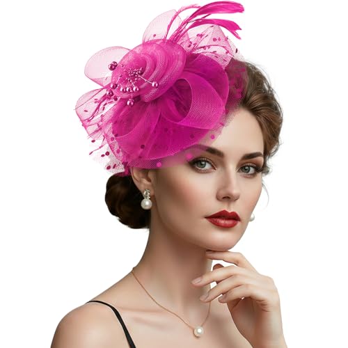 DRESHOW Fascinators Hats for Women Tea Party Hat Vintage Derby Pillbox Kentucky Hat Church Cocktail Headwear - color: 1 Pack Flower Feathers: Rose Pink