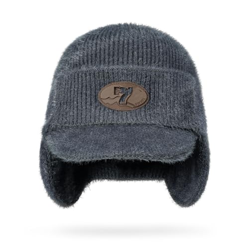 CLAPE Cozy Head Beanies with Brim, Small Billed Beanie for Cold Weather Mens Winter Warm Knit Hat with Ear Flaps - color: Kh25d18-gray