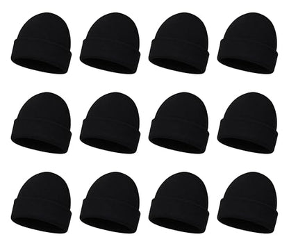 12 Pack Winter Beanie Hats for Men Women, Warm Cozy Knitted Cuffed Skull Cap, Wholesale - color: Black