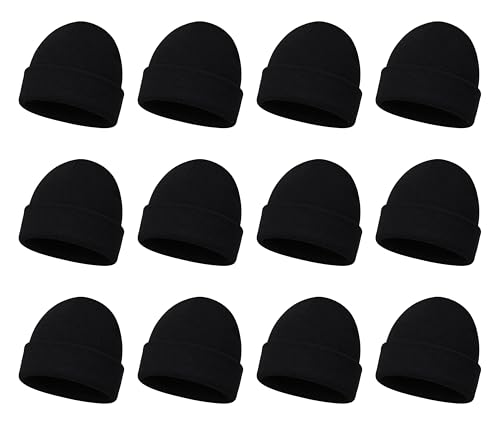 12 Pack Winter Beanie Hats for Men Women, Warm Cozy Knitted Cuffed Skull Cap, Wholesale - color: Black