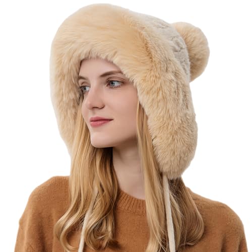 HUAMULAN Women Winter Sherpa Knit Beanie Hats Fleece Lined Ear Flaps - color: Beige Solid