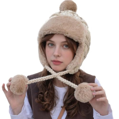 PENINSULA LOVE Women Peruvian Trapper Hat Faux Fur Ushanka Russian Hat Earflap Eskimo Beanie Winter Knitted Cap with Pompom - color: Beige