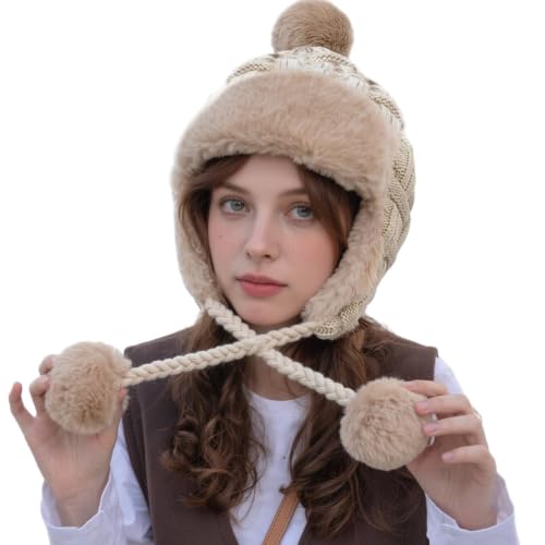 PENINSULA LOVE Women Peruvian Trapper Hat Faux Fur Ushanka Russian Hat Earflap Eskimo Beanie Winter Knitted Cap with Pompom - color: Beige