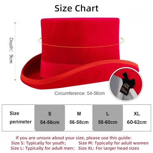 Wool Felt Top Hat Victorian Mad Hatter 6" Magic Hat Gentlemen Performing Jazz Caps Rock Hat for Men Women Gift - color: Red, size: X-Large