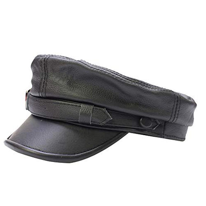 Adult Genuine Leather Fiddler Cap Flat Top Maciejówka Breton Style Mariner's Cap - color: Black, size: Large