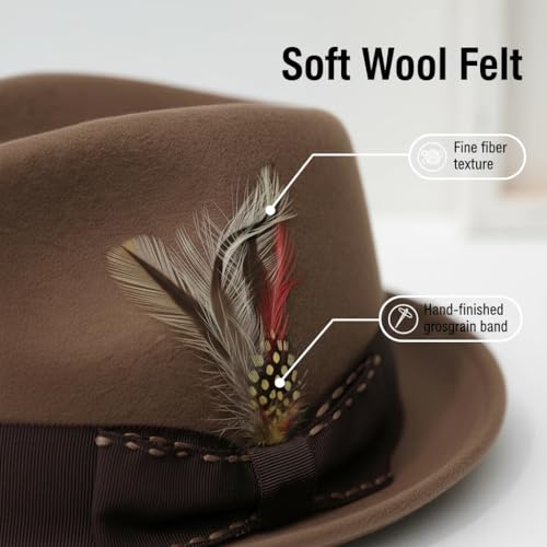 Home Prefer Men's Wool Felt Winter Hat Short Brim Fedora Hat with Feather - color: Brown