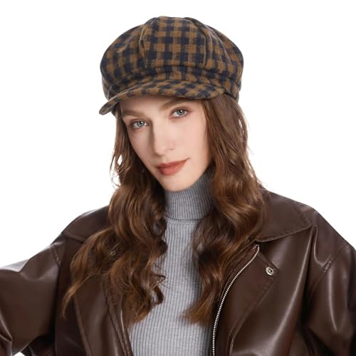 ZLYC Women Classic Newsboy Cap Visor 8 Panel Gatsby Cabbie Paperboy Hat - color: Gingham Khaki and Navy