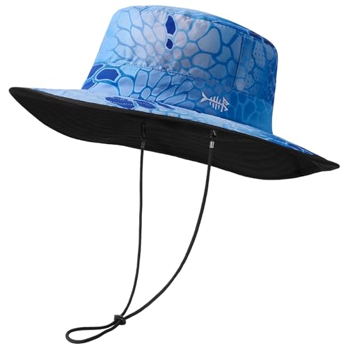 BASSDASH UPF 50+ Water-Resistant Fishing Bucket Hat with Laser Perforated Mesh Adjustable for Men Women Outdoor Hiking - color: Ocean Scales