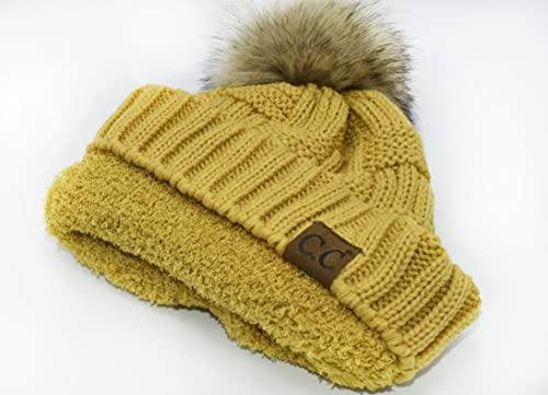 C.C Knit Beanie Hat – Fuzzy Fleece Lined Warm Winter Hat, Faux Fur Pom Soft Stretchy Slouchy Knit Cap, Cold Weather Beanie - color: Honey Mustard