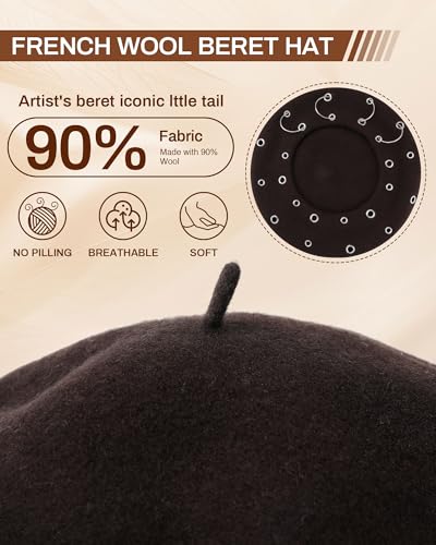 AWAYTR Punk Beret Hat for Women - 90% Wool Blend Goth Alt French Cap - color: Coffee