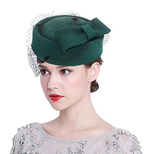 ORIDOOR Women's British Style Pillbox Church Derby Wedding Winter Vintage Fascinator Beret 100% Wool Felt Veil Hat - color: 01a-green