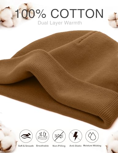 ROYBENS 100% Cotton No Cuff Beanie Hat Men Women, Fisherman Skull Cap - color: Light Coffee