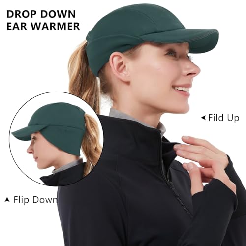 GADIEMKENSD Women's Winter Reflective Fleece Ponytail Hat with Drop Down Ear Warmer - color: Dark Green, size: 7-7 1/8