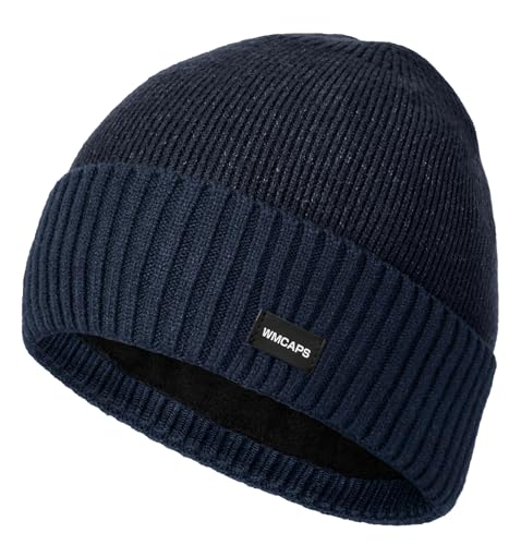 Wmcaps Fleece Lined Beanie Warm Winter Knit Hat for Men Women Cold Weather - color: Navy Blue/Dark Gray
