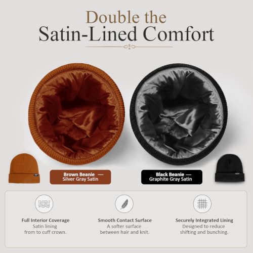 2 Pack Satin Lined Beanies for Men and Women Warm Cuffed Winter Hats - color: Black+brown