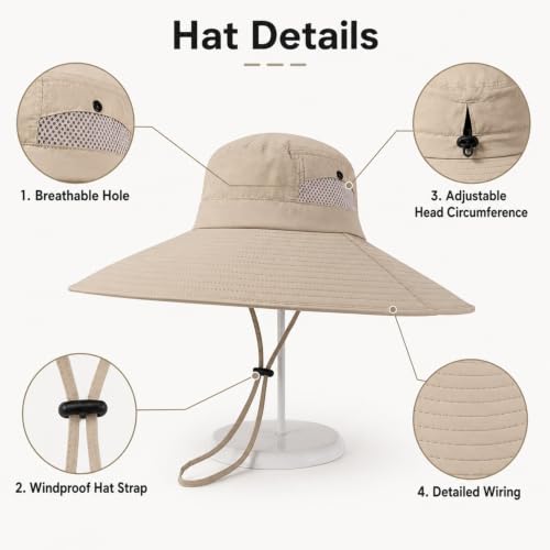 Wide Brim Sun Hat for Men Women UV Protection Bucket Fishing Hats - color: Beige Solid