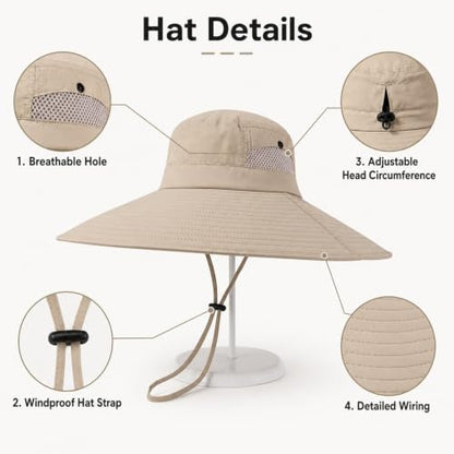 Wide Brim Sun Hat for Men Women UV Protection Bucket Fishing Hats - color: Beige Solid